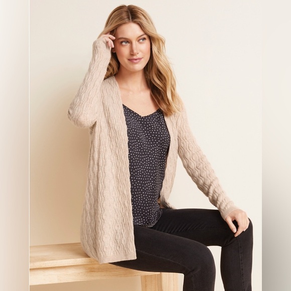 Garnet Hill Soft Beige Cable Knit Cashmere Cardigan - Picture 1 of 8